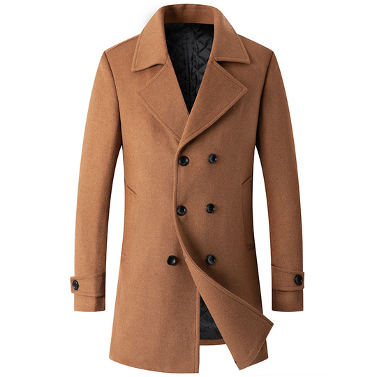 Men's Notched Collar Double Breasted Wool Blend Pea Coat - Brown, 2XL
