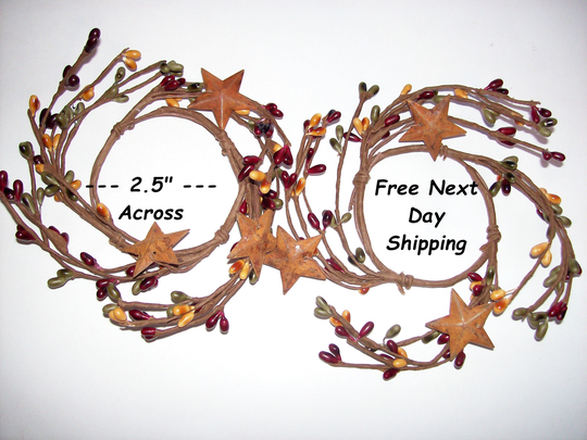 2 Pip Rice Berry Candle Rings Burgundy Gold Green Rusty Stars Mini Wreath 2.5" Opening
