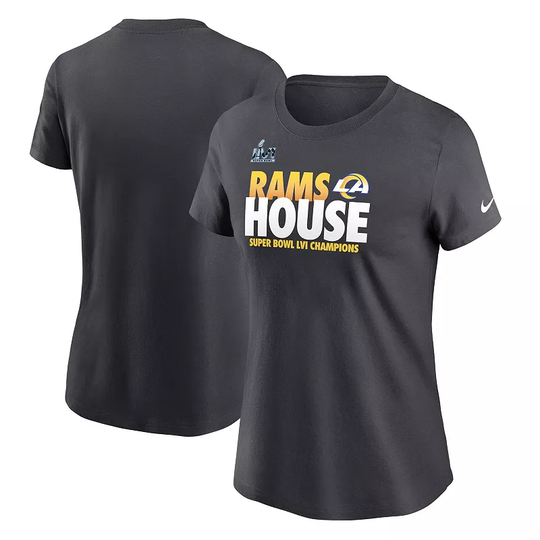 Women's Nike Anthracite Los Angeles Rams Super Bowl LVI Champions Local T-Shirt, Size: Medium, Grey