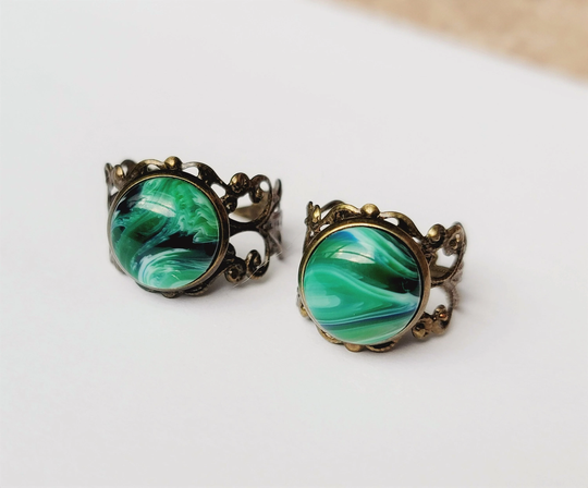 Green Blue Agate Swirl Ring, Bronze Filigree Adjustable Unique Swirled Statement Style Acrylic Ring