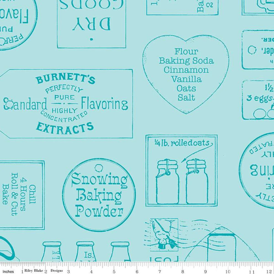 Snow Sweet Ads Blue Bty C9673-Blue Yard 1/2 1/4 J Wecker Frisch Riley Blake Designs Vintage Baking Icons Text Fabric