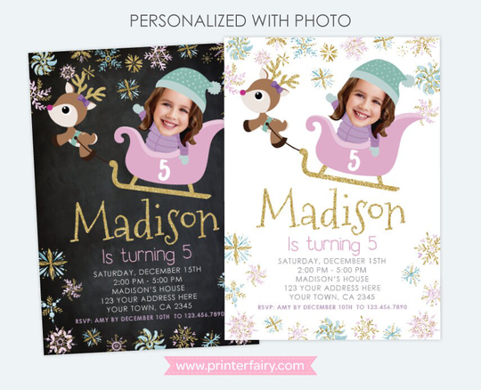 Winter Wonderland Birthday Invitation With Photo, Snowflake Invitation, Sleigh & Reindeer, Personalized Digital Invitations