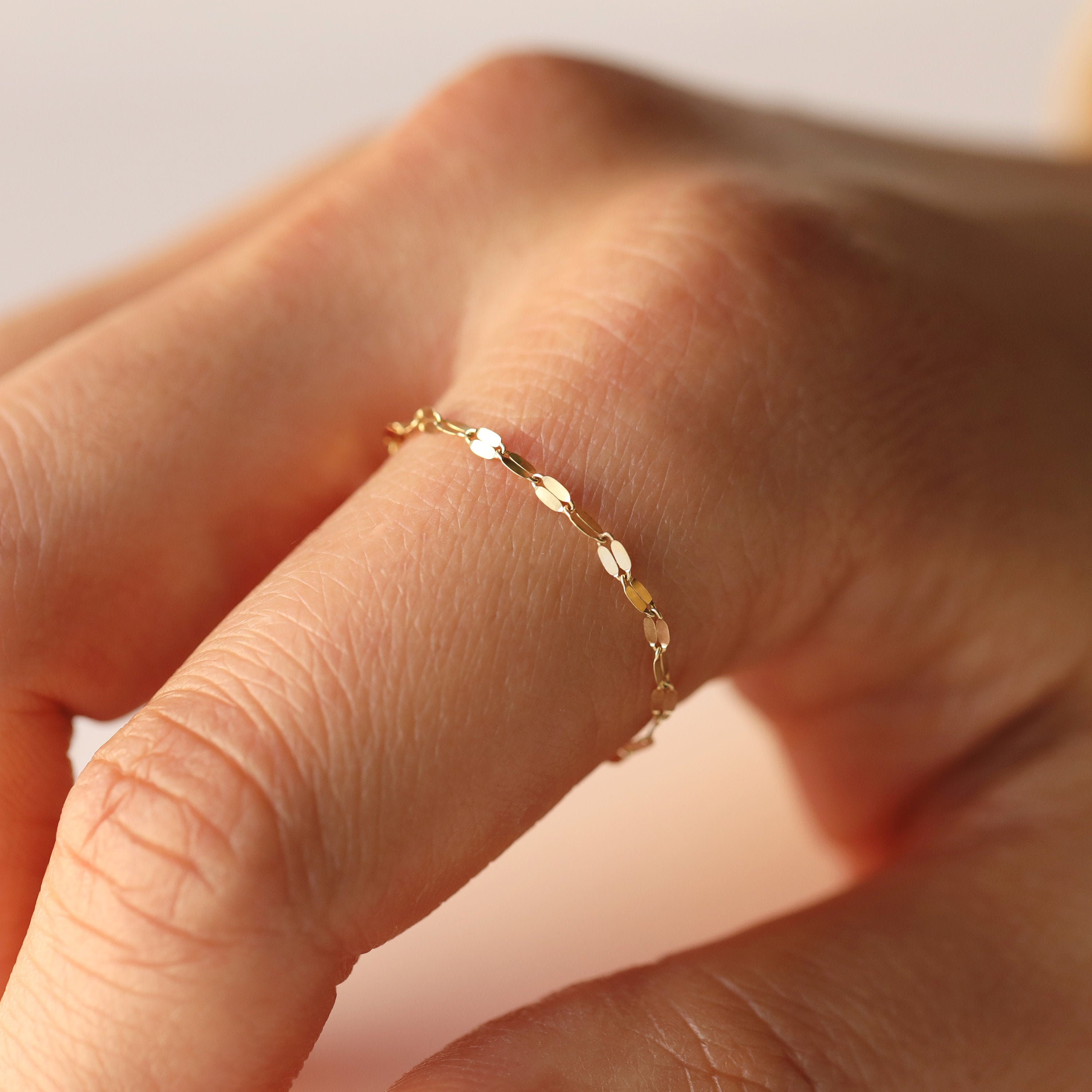 Glitter Chain Ring, Minimalist Mirror Link 14K Solid Gold Simple Stackable Layering Ring