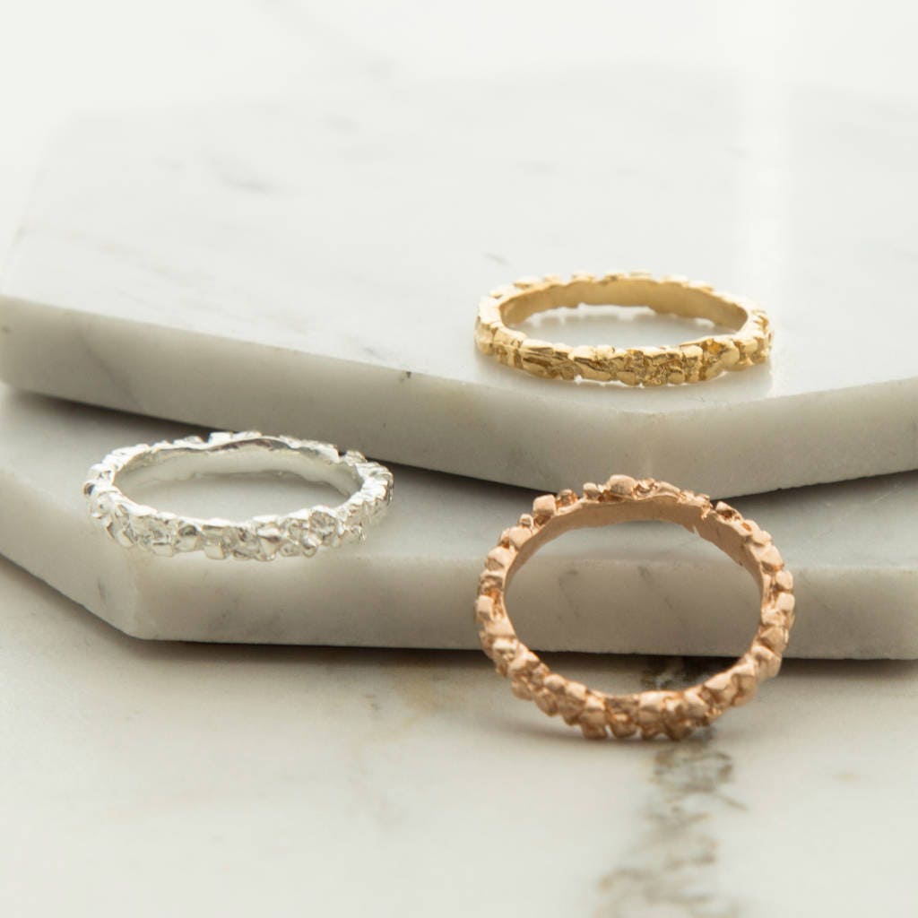 Sterling Silver Gold Plated Textured Stacking Ring - Organic Band-Modern Unique Ring-Simple Ring-Thin Designer Rings-Gift For Her