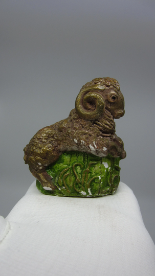 Small Antique Hand Painted Plaster Figurine Reclining Ram On A Green Cliff Unique Gift For Aries Cute Collectible Statuette Miniature Figure