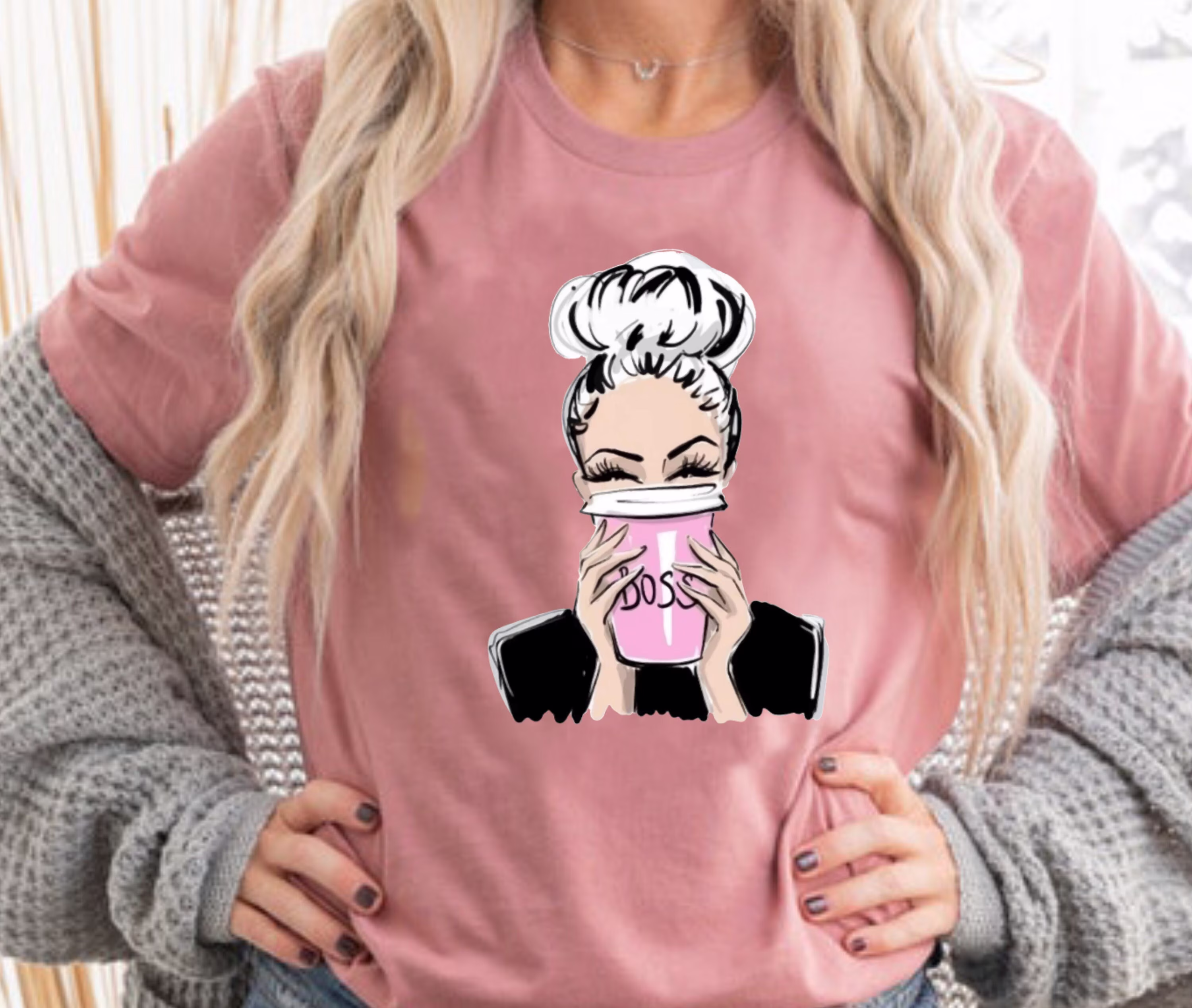 Boss Lady Shirt, Coffee Drinking Girl Messy Bun Life, Babe, Gift For Boss, Her, Woman Shirt