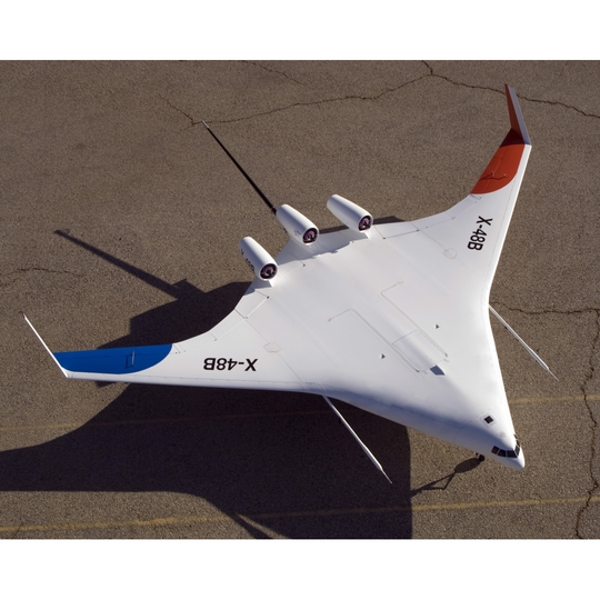 October 24, 2006 - With its spin parachute tail stinger extending aft, Boeing's sub-scale X-48B Blended Wing Body technology demonstrator - 15 X 12