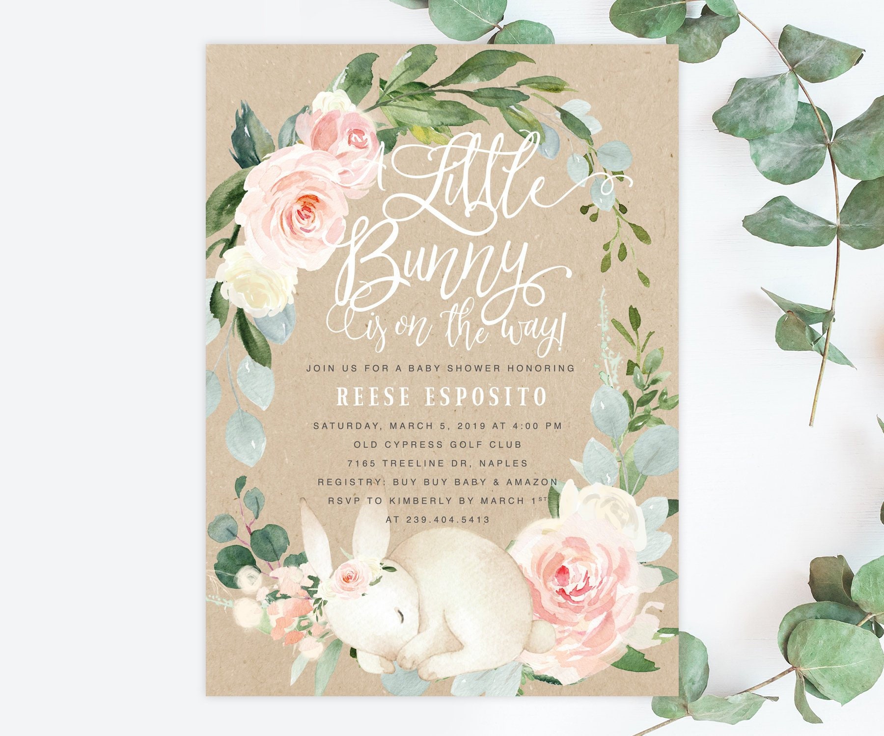 Bunny Baby Shower Invitation Girl, A Little Is On The Way Invite, Girl Floral -Kraft Reese