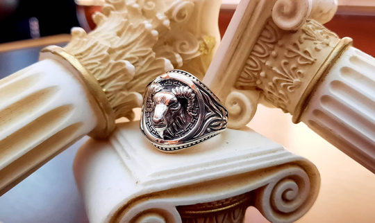 Head Sheep Ring, King Medallion, Stylish Ring, Good Luck Byzantine Design, Floral Design, Men Greek Silver Ram Ring
