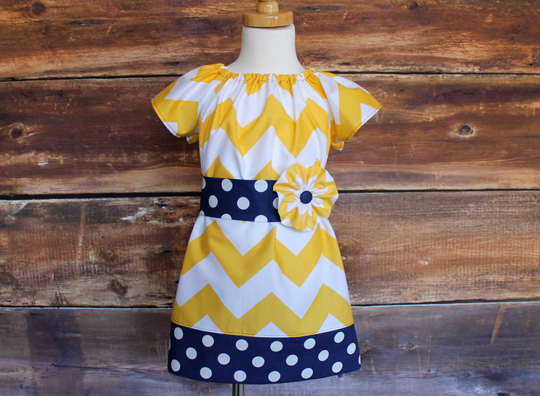 Yellow Navy Peasant Dress - Newborn To Child Size 11/12 Baby Infant Toddler Girls Tween Rams Chargers
