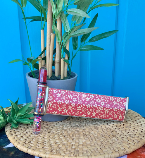 Free Shipping-Vintage Fun Red Floral Kaleidoscope-Asian Inspired-stars, Moons, Hearts Glitter-Desk Decor-Coffee Table Decor-Bohemian