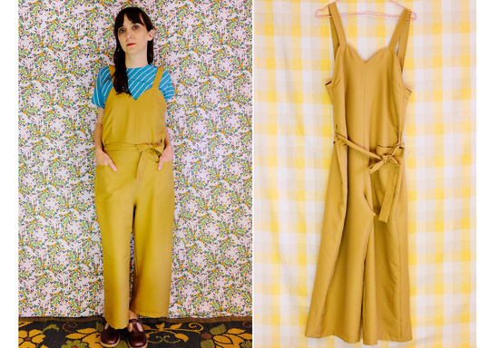 Handmade Vintage Cotton-Viscose Blend Mustard Adjustable Jumpsuit, With Belt & Adjustable Suspenders [Circus Jumpsuit/Mustard]