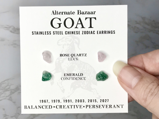 Year Of The Goat Chinese Zodiac Crystal Earrings. Stud Earrings With Rose Quartz & Emerald Gemstones, Stainless Steel Posts