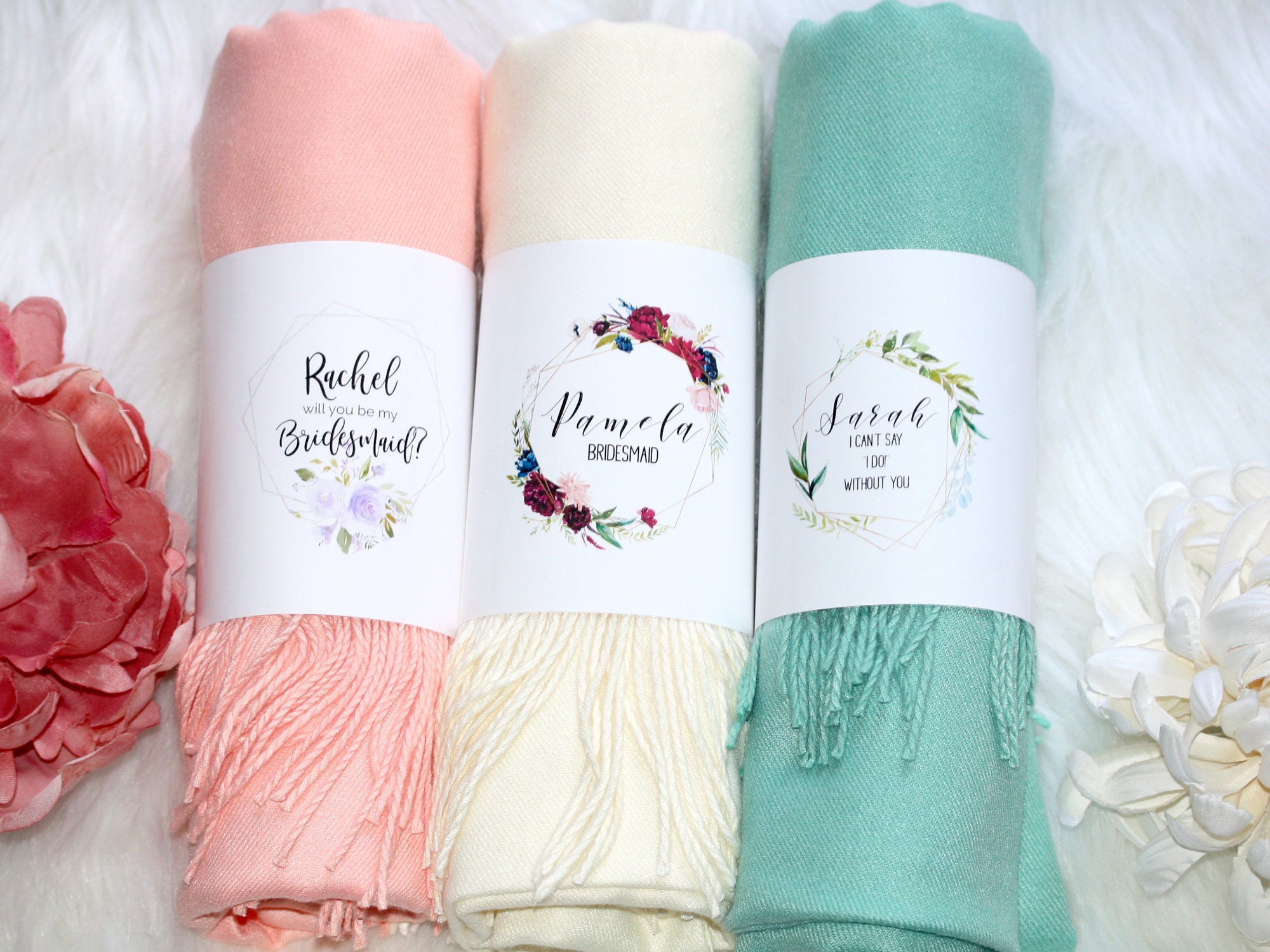 Cashmere Blend Bridesmaid Pashmina With Personalized Band Spring Shawl Fall Scarf Winter Wedding Favor Proposal Bridal Party Gift