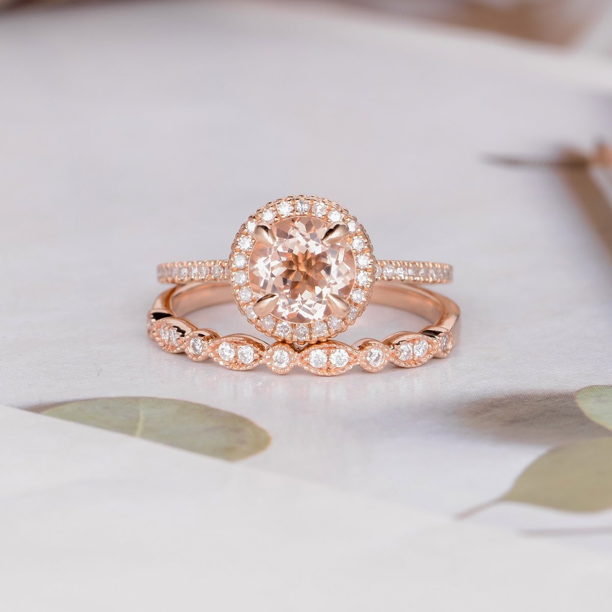 Art Deco Morganite Engagement Ring Rose Gold Bridal Set Floral Flower Unique Antique Vintage Wedding Diamond Women Anniversary Gift