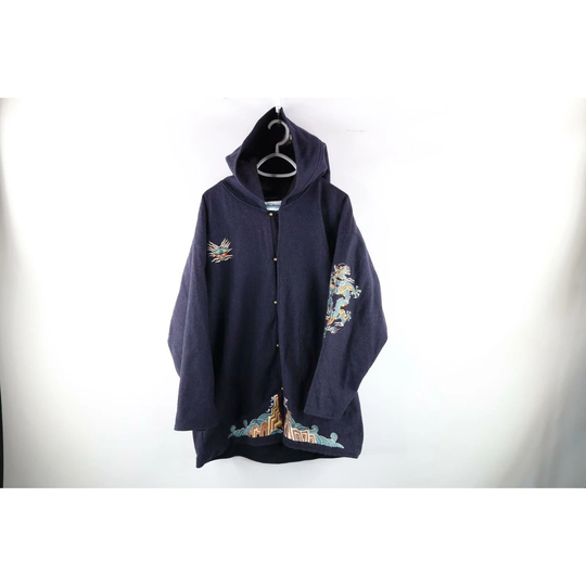 90S Streetwear Mens Large Wool Blend Dragon Hooded Button Parka Jacket, Blend Jacket
