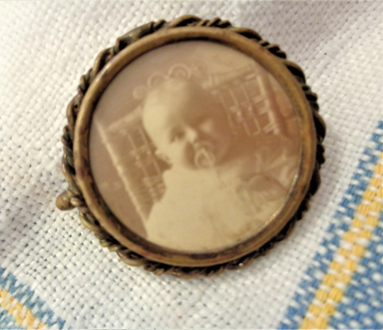 Adorable Antique Victorian Photo/Picture/Portrait Pin Baby With Pacifier Ornate Wicker Chair ~ Kk
