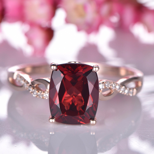Garnet Engagement Ring 14K Rose Gold Diamond Wedding 7x9mm Cushion Cut Natural Vs Garnet Gemstone Women Promise Solitaire