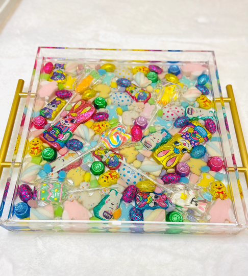 Easter Candy Filled Resin Acrylic Serving Tray Gold Handles