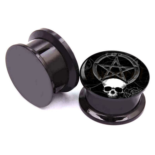 Skull & Pentagram Ear Plugs - Acrylic Screw-On 10 Sizes Brand New Pair