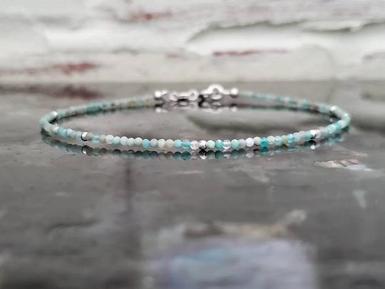 Amazonite Sterling Silver Bracelet. Tiny Gemstone Beaded Bracelet Or Anklet. Women's Minimalist. Dainty. Delicate