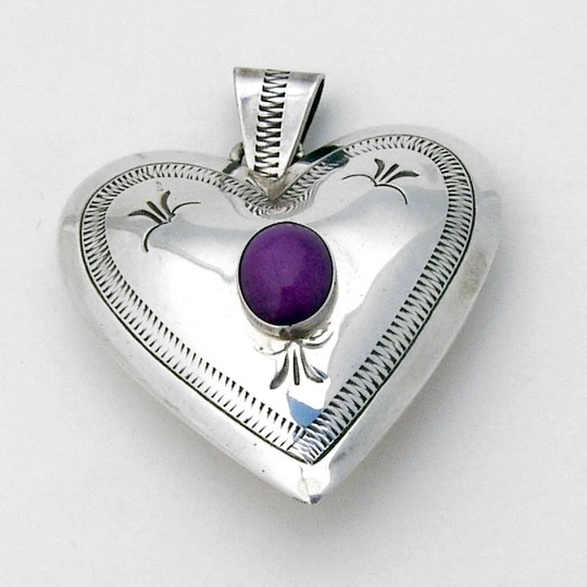 Double Sided Puffy Heart Pendant Purple Stone Sterling Silver
