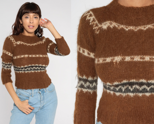 70S Striped Sweater Brown Wool Blend Boho Knit Crewneck Pullover Jumper Retro Fitted Vintage 1970S Extra Small Xs