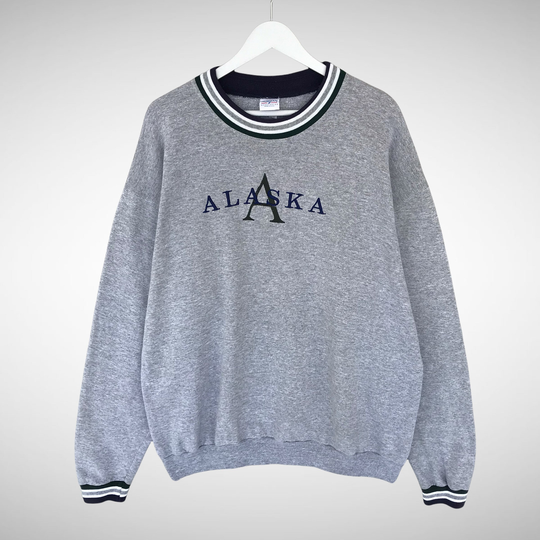 Vintage 90S Alaska Spellout Logo Embroidered Sweatshirt Crewneck Pullover Jumper Streetwear Grey Baggy Size Xlarge