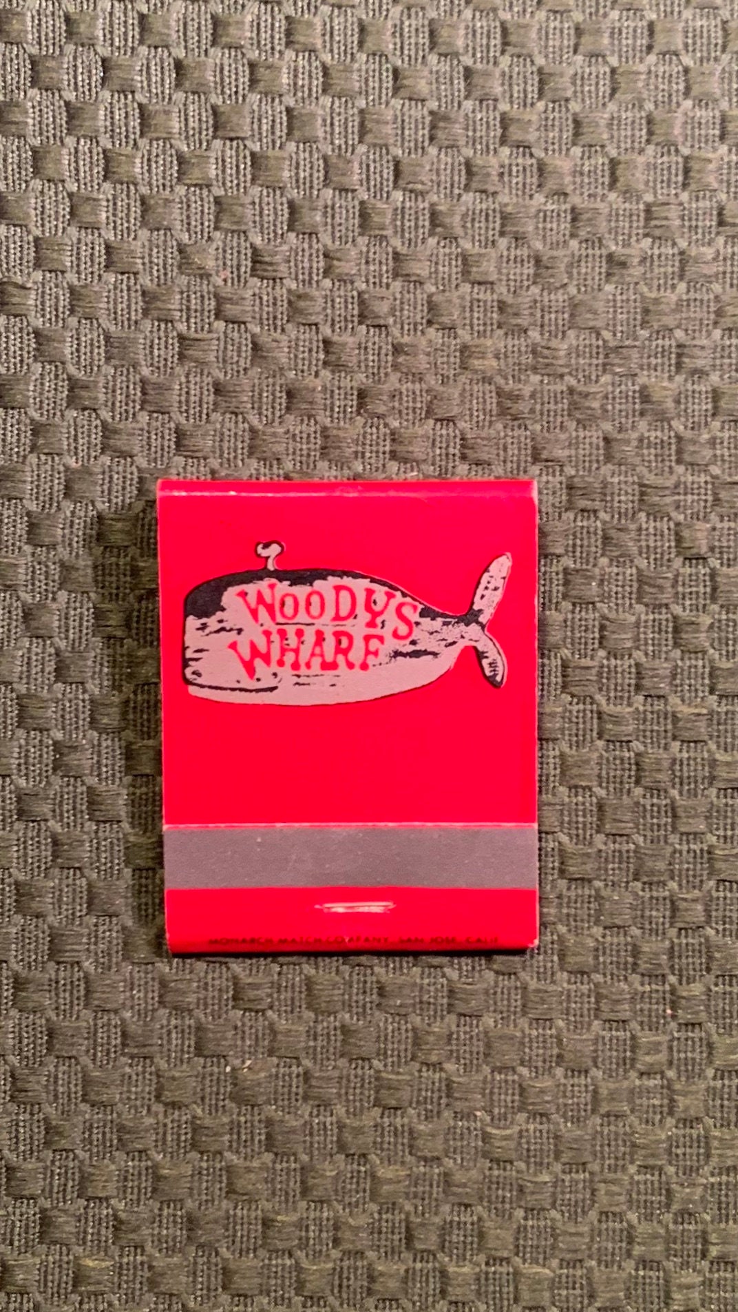 Vintage Matchbook, Woodys Wharf, Seafood Restaurant, Newport Beach, California, Whale, Front Strike, with 20 Match Sticks, Free Ship in Usa