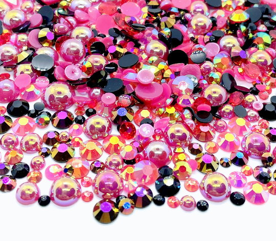 Aries Zodiac Blend Rhinestone Mix 2mm-10mm Flatback Jelly Resin | Faux Pearls Mixed Sizes, Red Black Rose Gold
