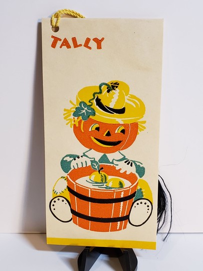 1930's Unused Colorful Dennison Halloween Bridge Tally Card Anthropomorphic Jack O' Lantern Bobbing For Apples