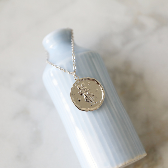Silver Gemini Sign Coin Necklace, Zodiac Jewelry, Celestial Jewelry, Constellation Necklace, June, July Birthday Gift, Bridesmaid Gift