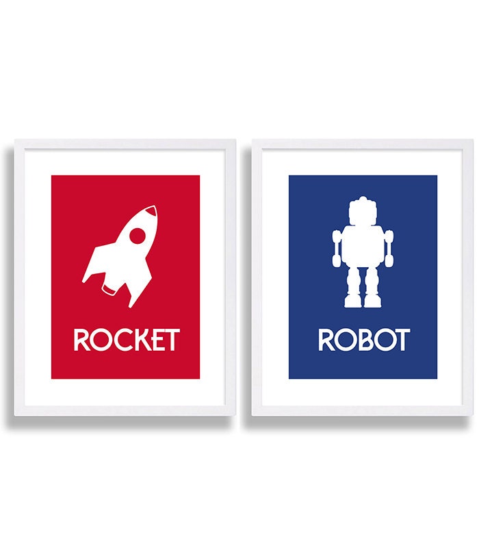 Baby Boy Nursery Art Modern 2 Print Set Robot & Rocket Red Blue Kid's Room Bold Unique Ideas