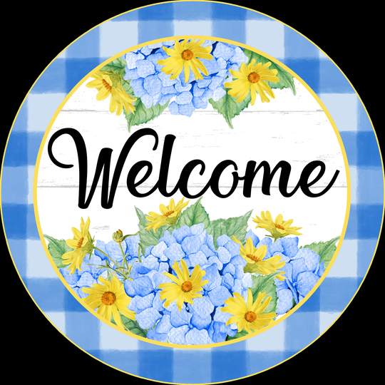 Hydrangeas Yellow Daisies Welcome Round, Metal Wreath Sign, Hwm Designs