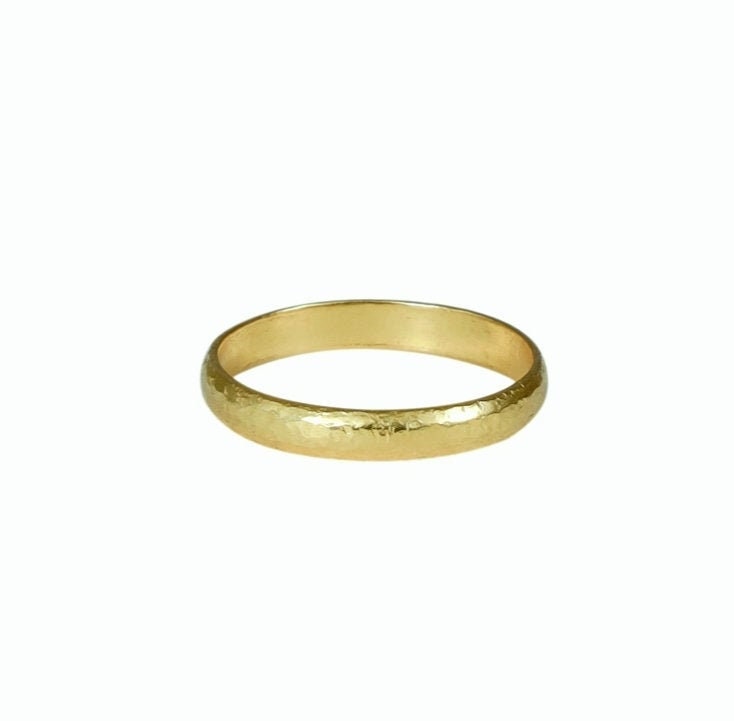 18K Solid Yellow Gold Hammered Ring, 2 Mm Round Stacking Jewelry, Gold Band, 14K