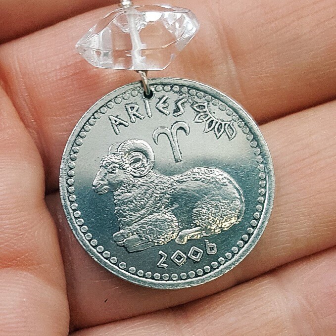 Aries Necklace. Quartz Zodiac Ram Pendant. March April Birthday. Zodiac Coin Jewelry. Necklace
