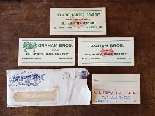 Vintage 1950S Baltimore Seafood Co Shipping Tags - Graham Bros Sea-Lect U.s. Stewart 23 & Envelope