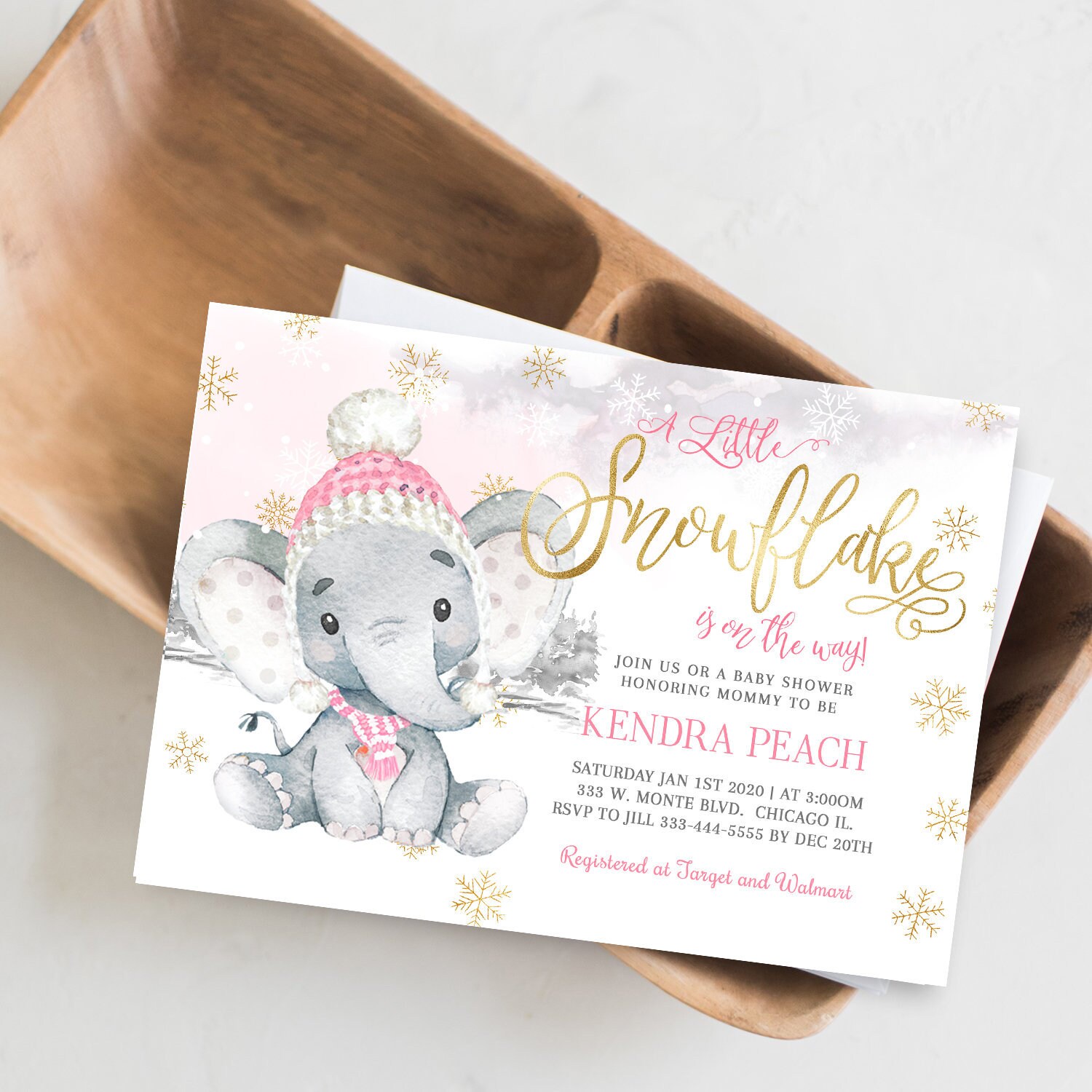 Snowflake Baby Shower Invitation, Winter Holiday Shower, Elephant Invitation #12G