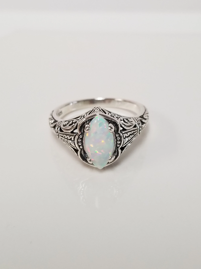 Sale Size 6 7 9 Estate Sterling Silver 925 Created 1Ct Opal Marquise Cut Filigree Genuine Ring Jl36