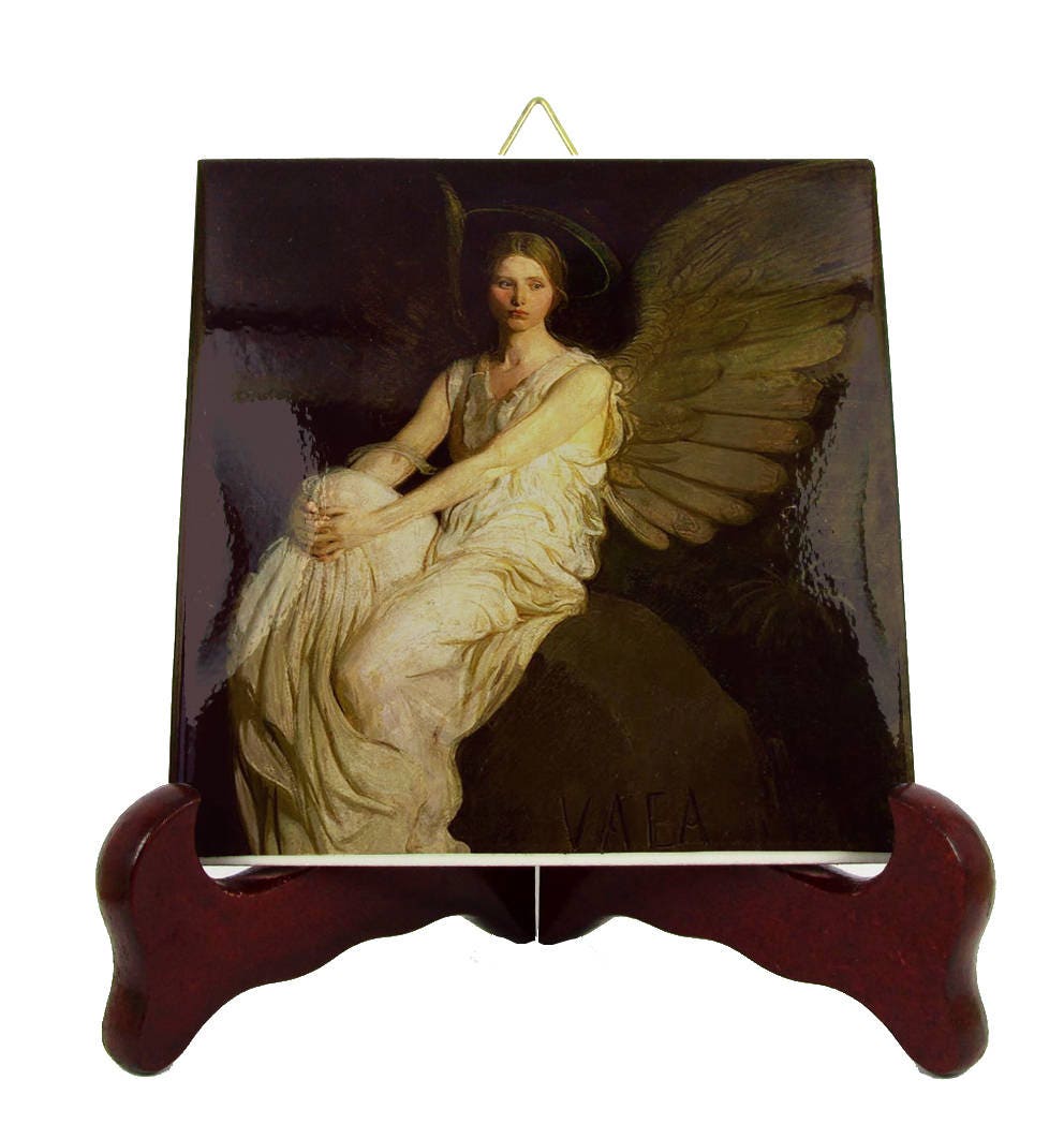 Angel Seated On A Rock - Spiritual Gifts Collectible Ceramic Tile Handmade in Italy Angels Art Angel Icon Abbott Handerson Thayer