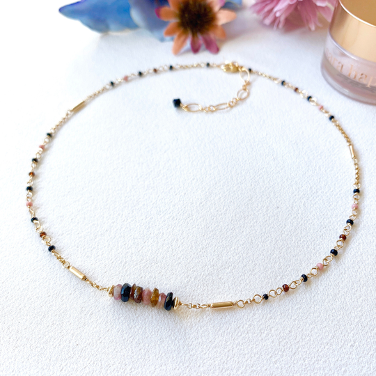 Multi Color Tourmaline & Seed Beads Choler Necklace | 14K Gold Filled/Tourmaline
