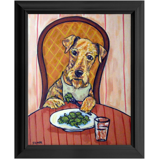 Airedale Eating Broccoli Dog Art Print 11x14 Ready To Hang Framed