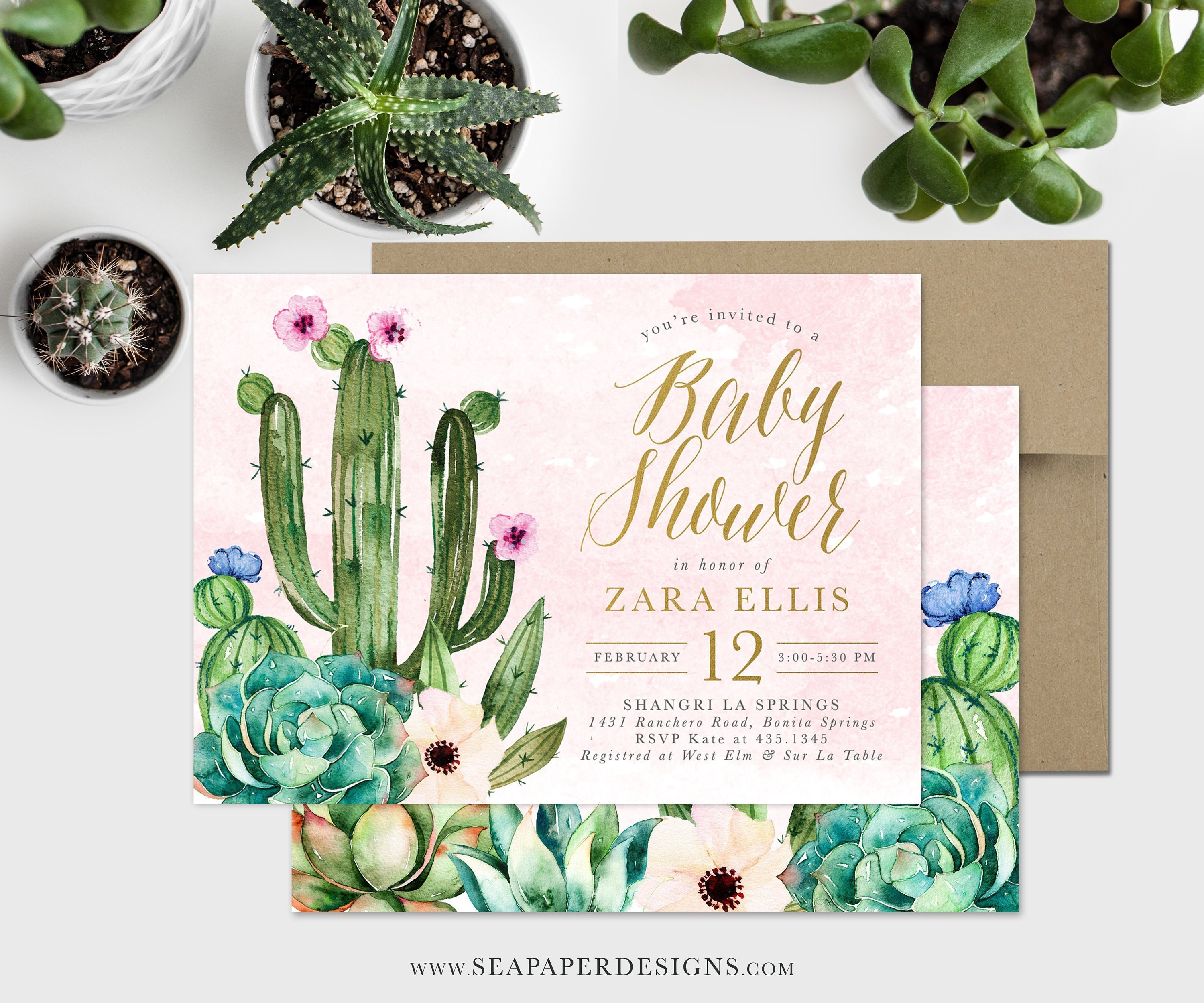 Boho Baby Shower Invitation Girl, Girl Cactus Invite, Succulent & Succulents, Printed, Digital - Zara
