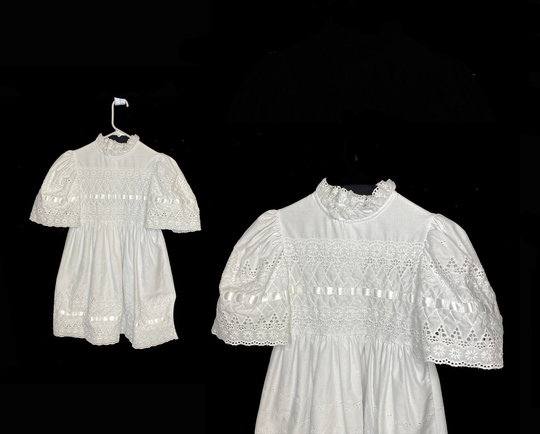 Vintage Girl's Dress, White Cotton Blend, Eyelet, Short Bell Sleeves, Satin Accents, Back Button, Size 8