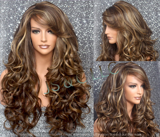 Beautiful Human Hair Blend Brown Caramel & Blonde Mix Long Full Wig With Curls & Bangs Side Parting