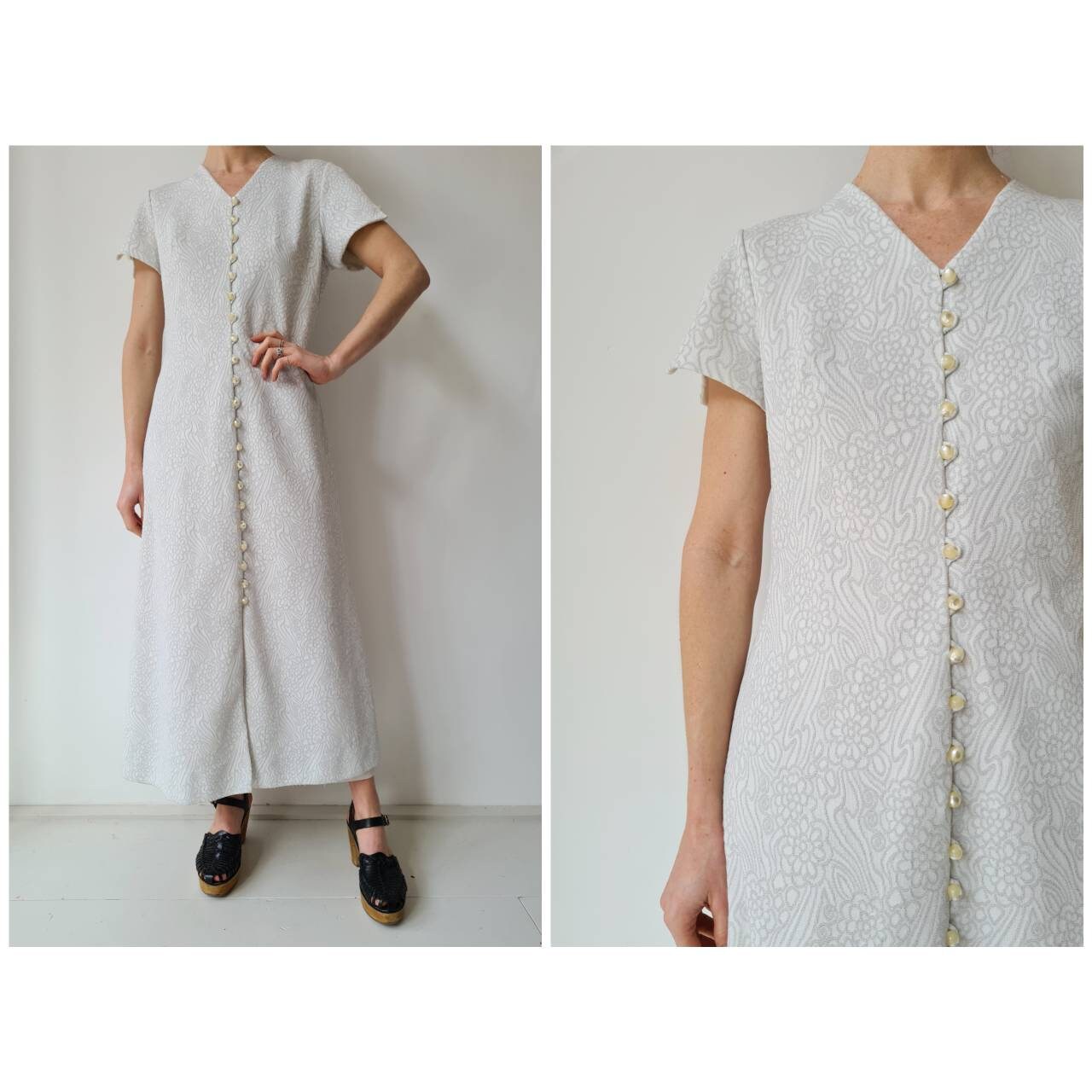 Vintage Synthetic Blend Silver Lurex Evening Maxi Dress Robe S