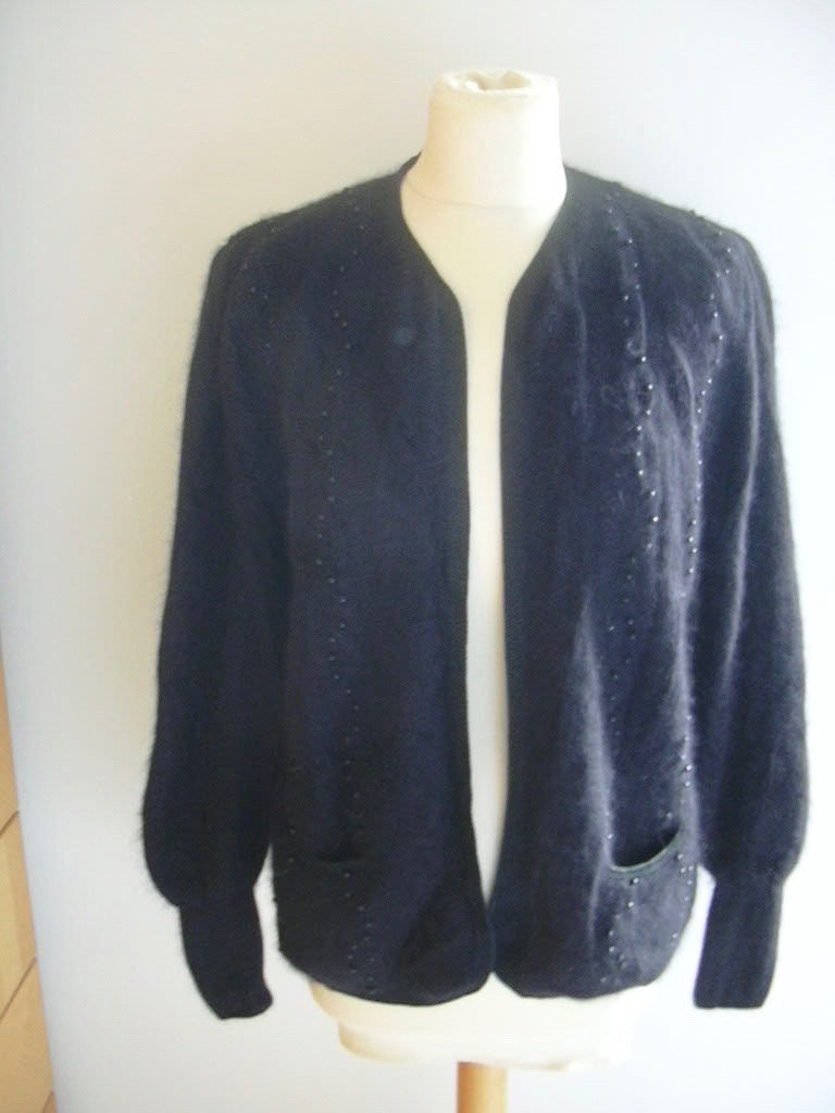 Vintage Beaded Wool Angora Blend Black Sideeffects Cardigan Sweater S-M 1980S-1990S