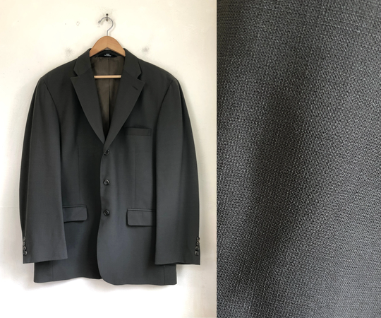 Vintage Mens Olive Green Blazer | 90S Woven Wool Blend Suit Coat Jacket Size 42R
