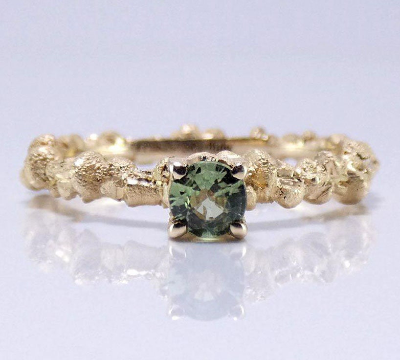 Green Sapphire Ring, 14 K Yellow Solid Gold Ring. Sapphire Ring Made in Italy