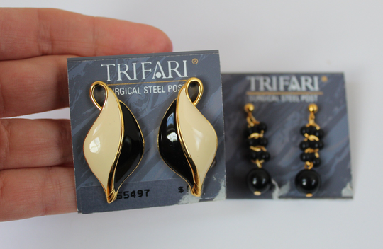 2 Pair Vintage Trifari Earrings, Black & Cream Enamel, Dangle Drop Both Pierced Earrings On Original Cards